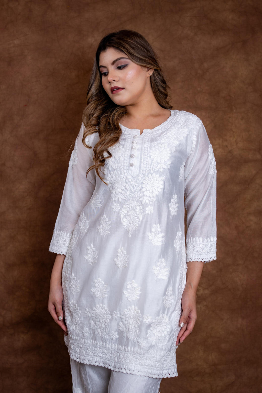 Hand-Embroidered Lucknowi Chikankari Co-ord Suit with Afghani Bottoms with white thread Embroidery