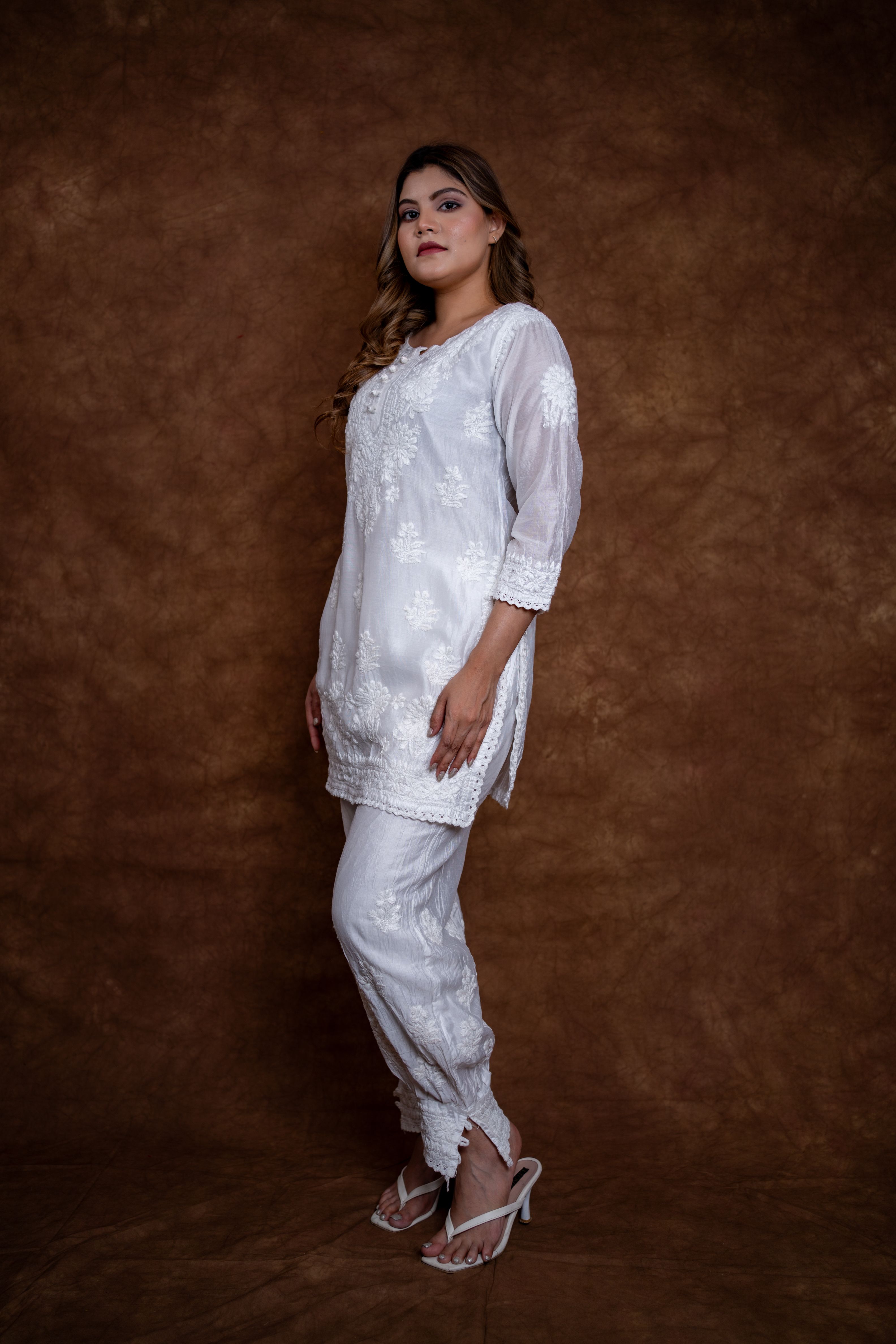 Hand-Embroidered Lucknowi Chikankari Co-ord Suit with Afghani Bottoms with white thread Embroidery