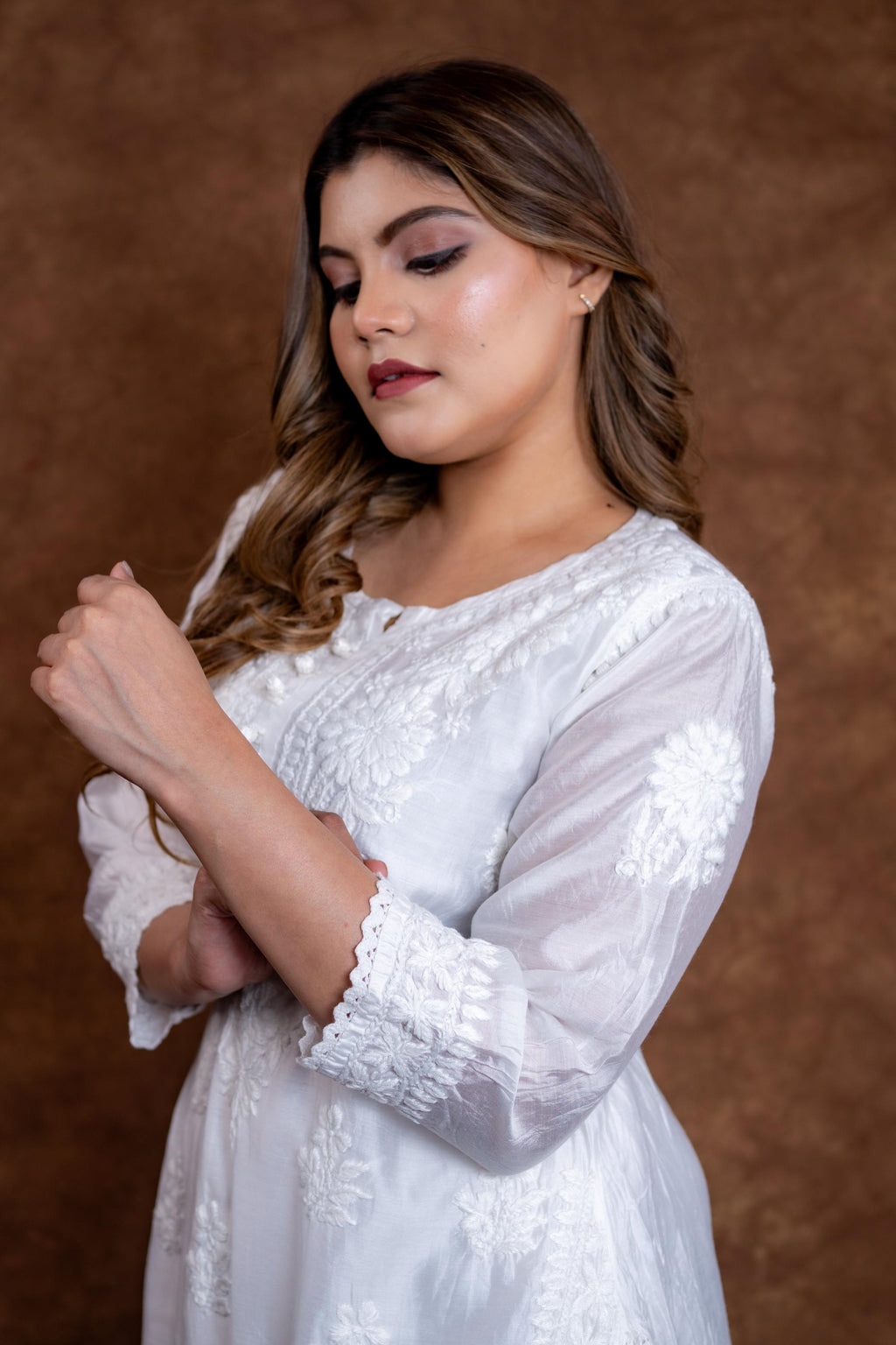 Hand-Embroidered Lucknowi Chikankari Co-ord Suit with Afghani Bottoms with white thread Embroidery