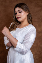 Hand-Embroidered Lucknowi Chikankari Co-ord Suit with Afghani Bottoms with white thread Embroidery