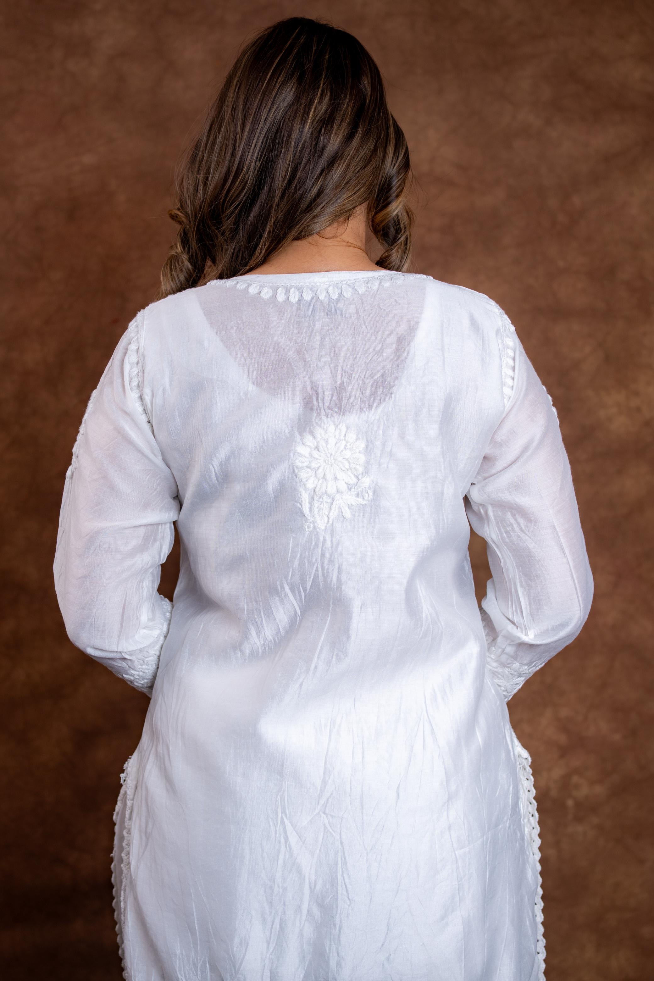 Hand-Embroidered Lucknowi Chikankari Co-ord Suit with Afghani Bottoms with white thread Embroidery