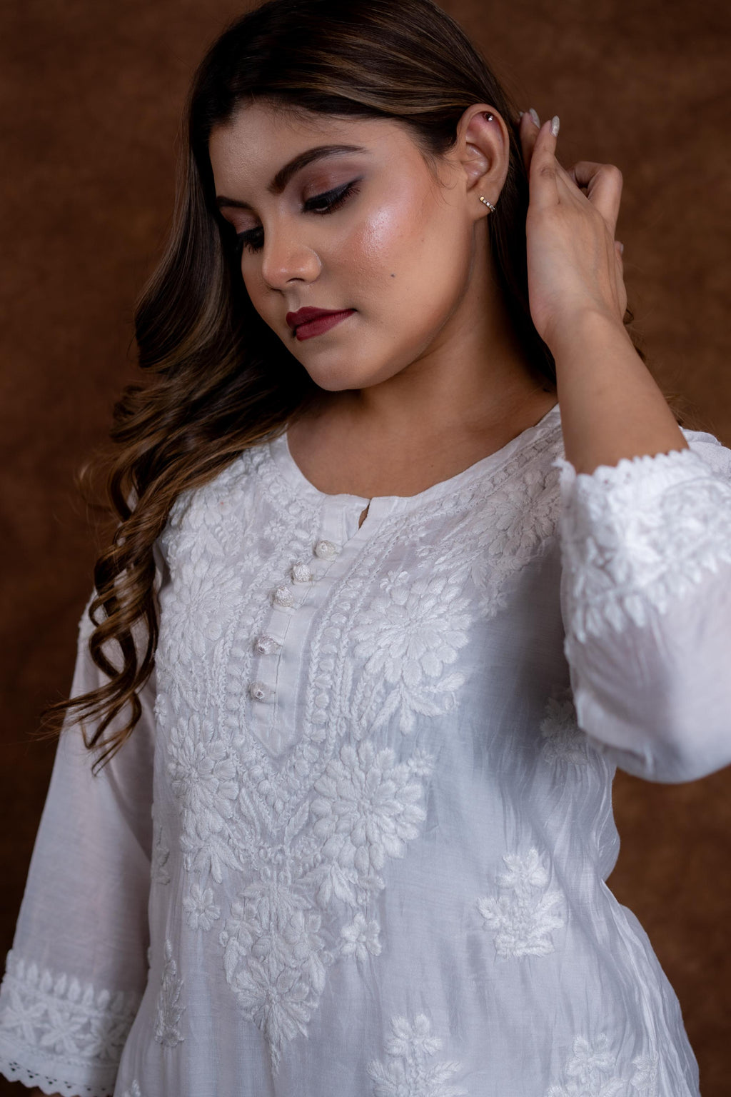 Hand-Embroidered Lucknowi Chikankari Co-ord Suit with Afghani Bottoms with white thread Embroidery