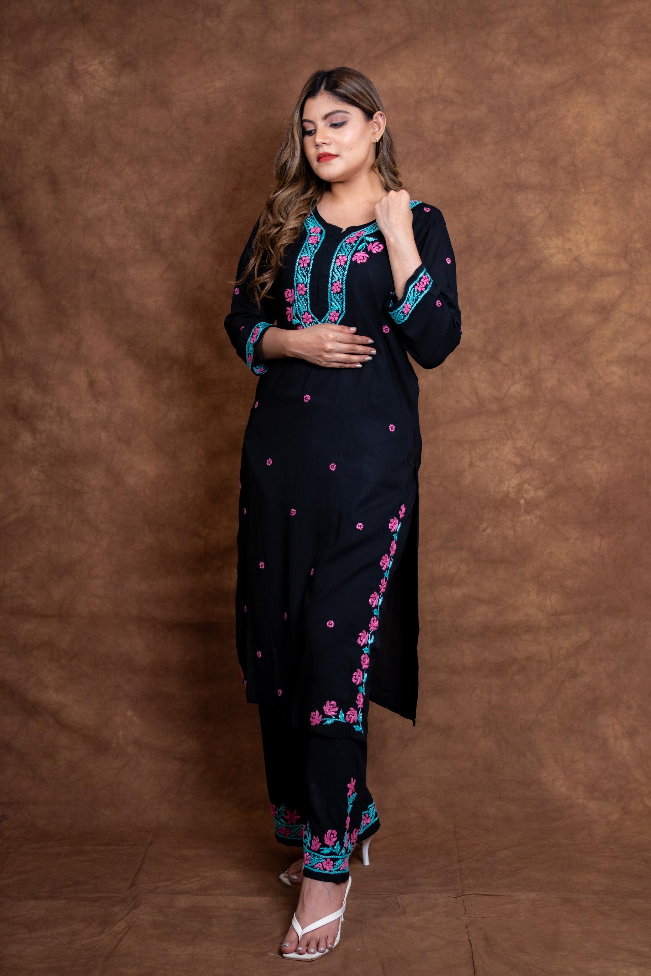 Designer Vibrant Chikankari Black Rayon Kurti & Palazzo Suit from Vintage Chikankari