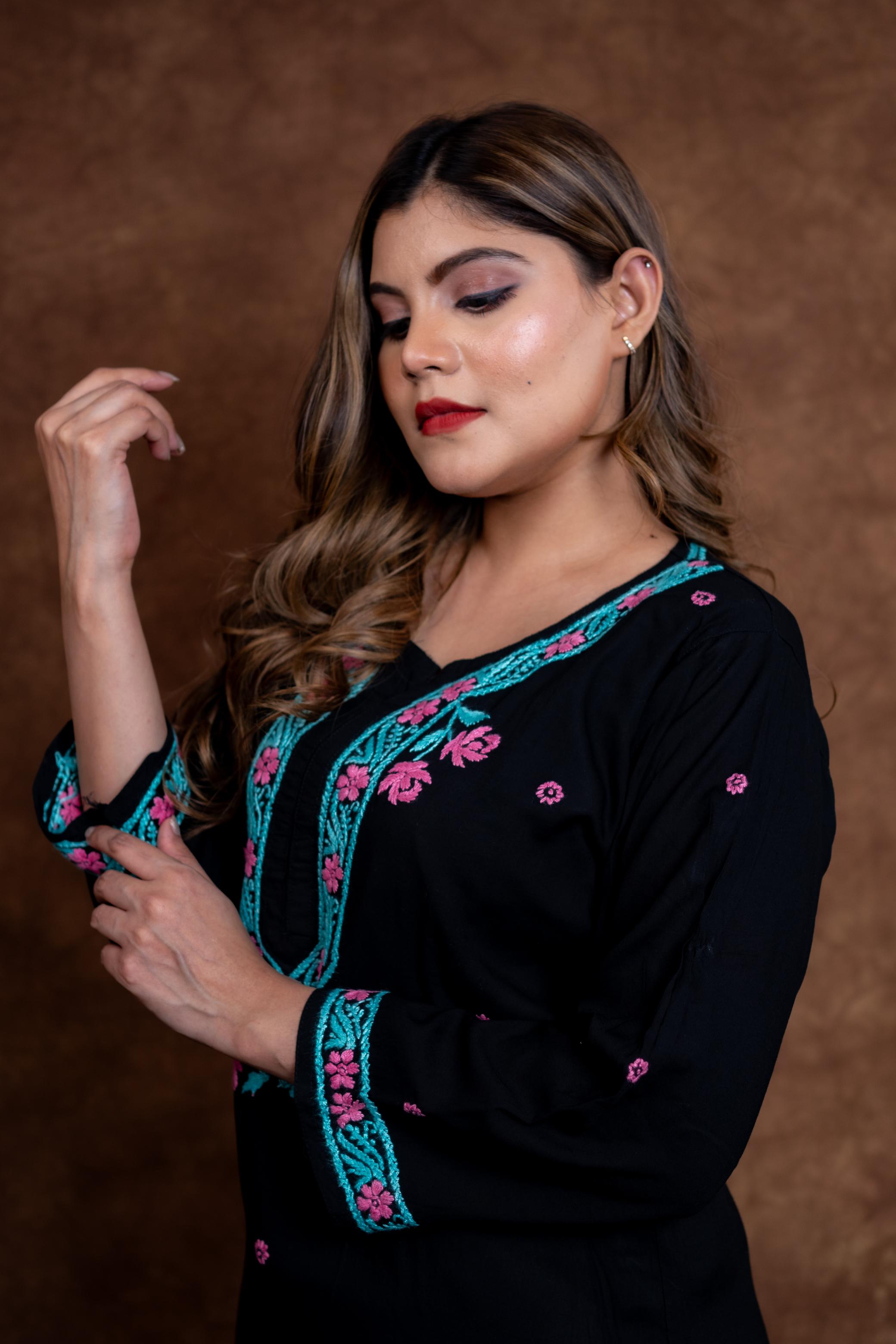 Designer Vibrant Chikankari Black Rayon Kurti & Palazzo Suit from Vintage Chikankari