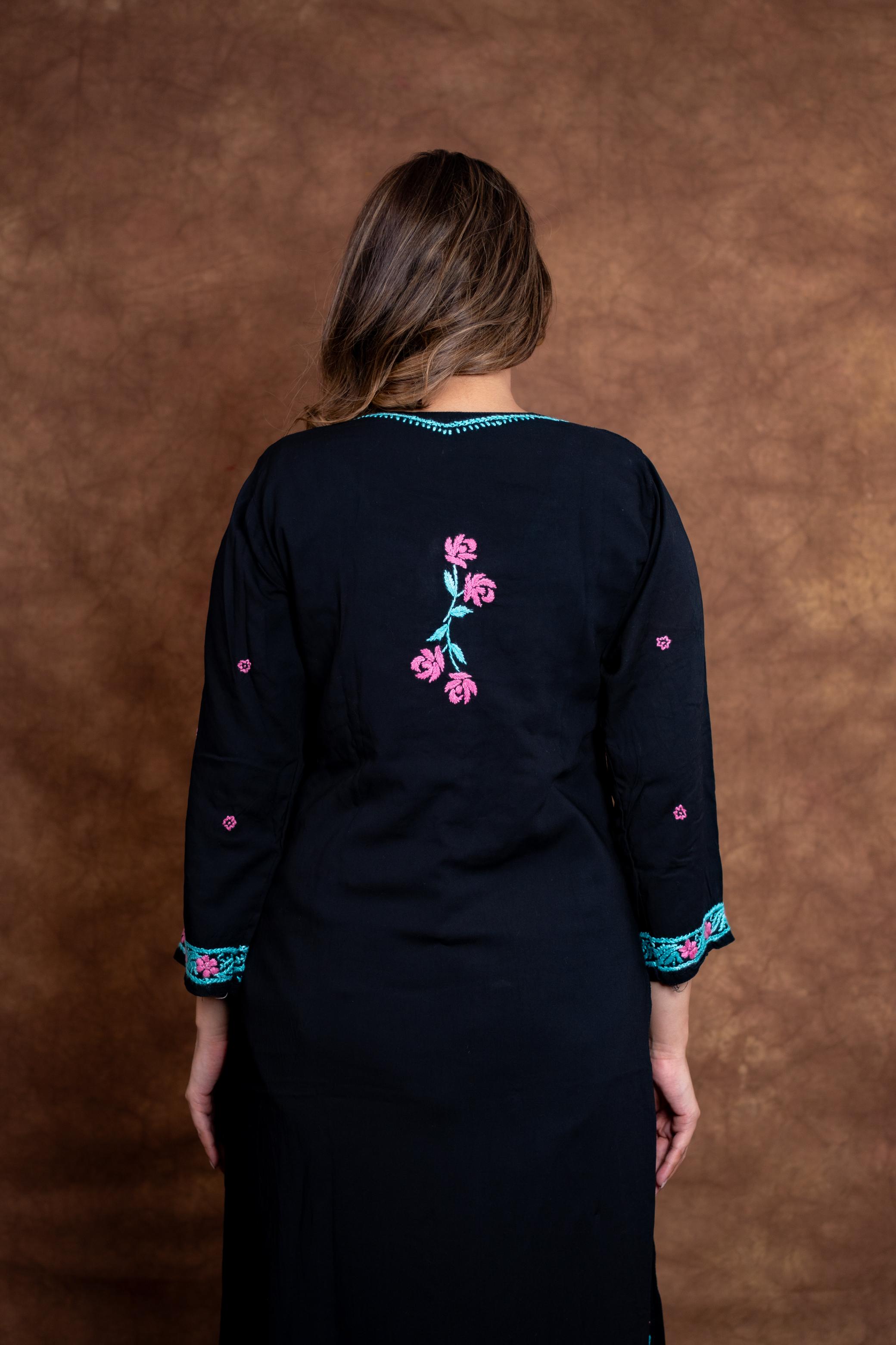 Designer Vibrant Chikankari Black Rayon Kurti & Palazzo Suit from Vintage Chikankari