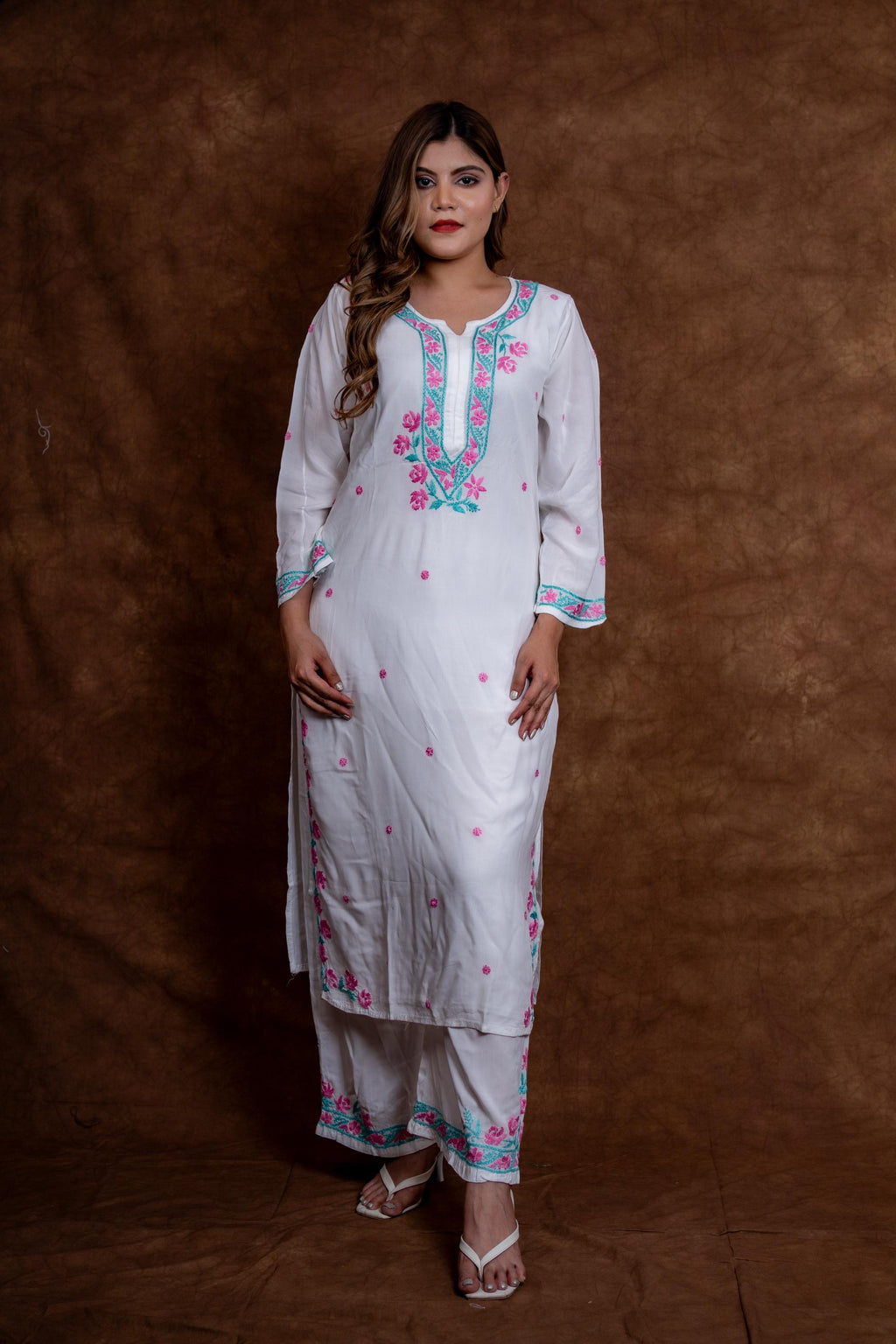 Gulmina Designer Multicolour Fine Chikankari Kurti and Palazzo Set on Rayon Fabric