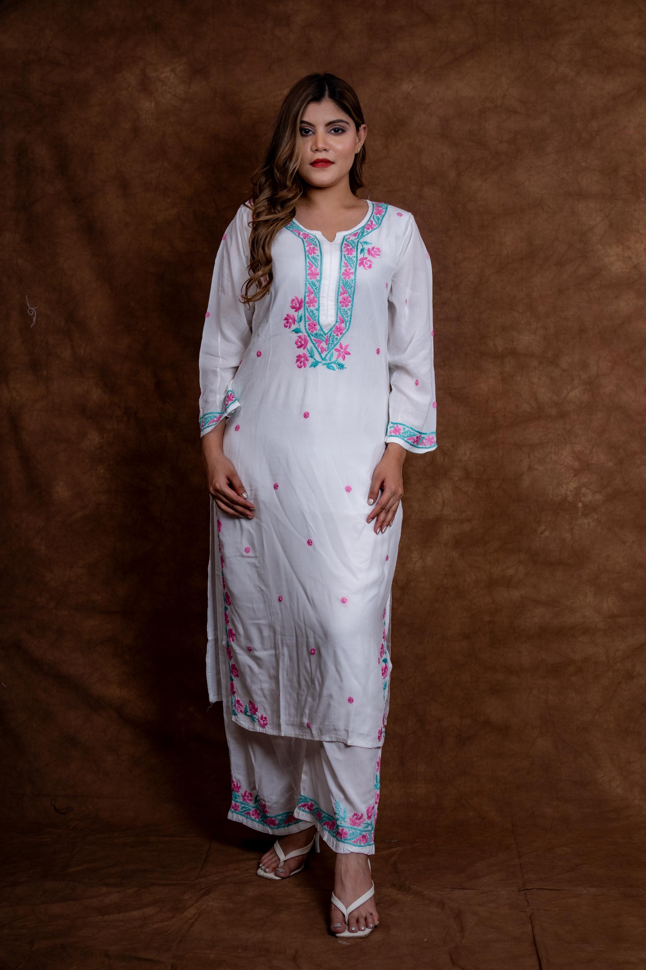 Gulmina Designer Multicolour Fine Chikankari Kurti and Palazzo Set on Rayon Fabric