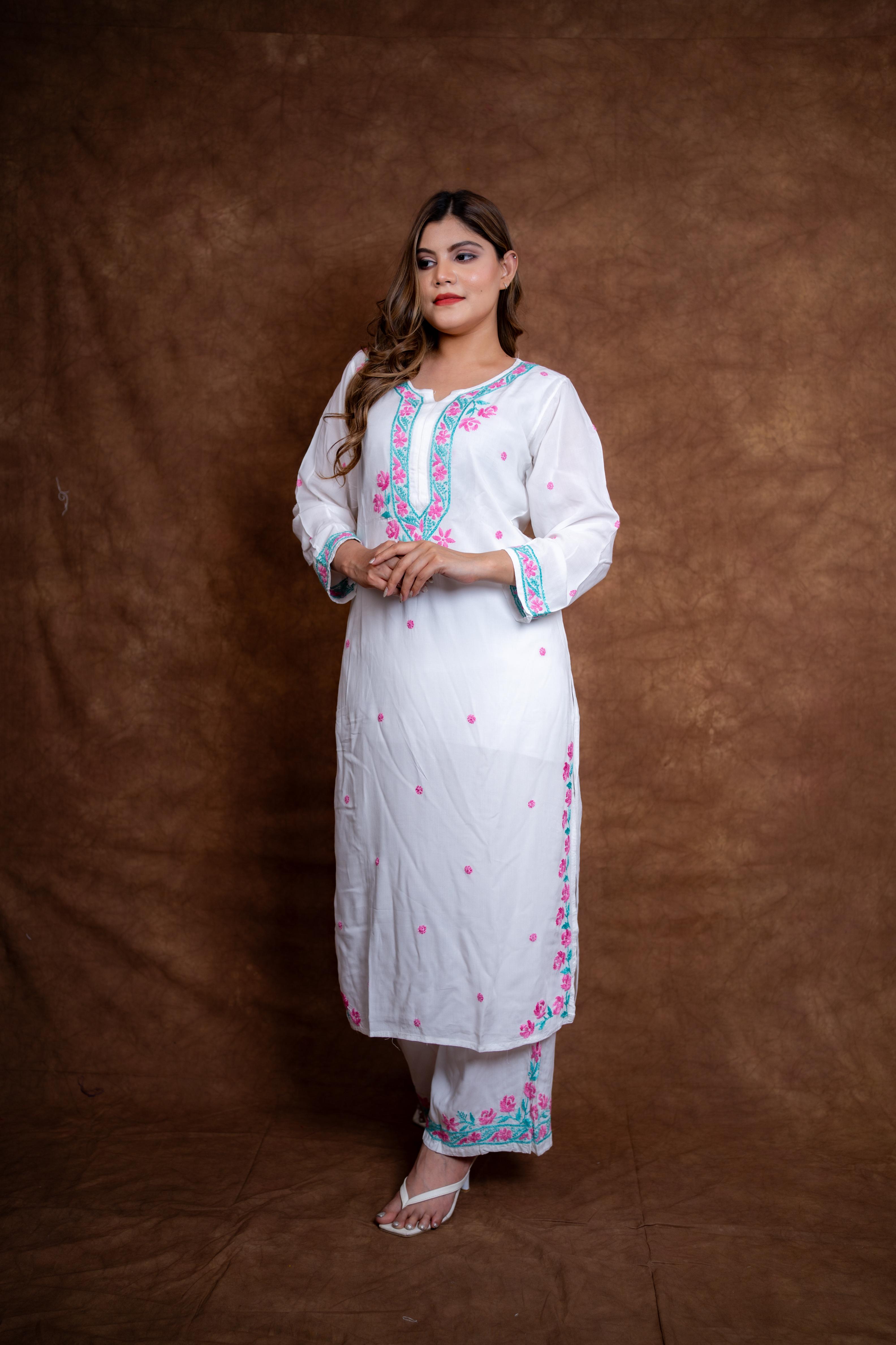 Gulmina Designer Multicolour Fine Chikankari Kurti and Palazzo Set on Rayon Fabric
