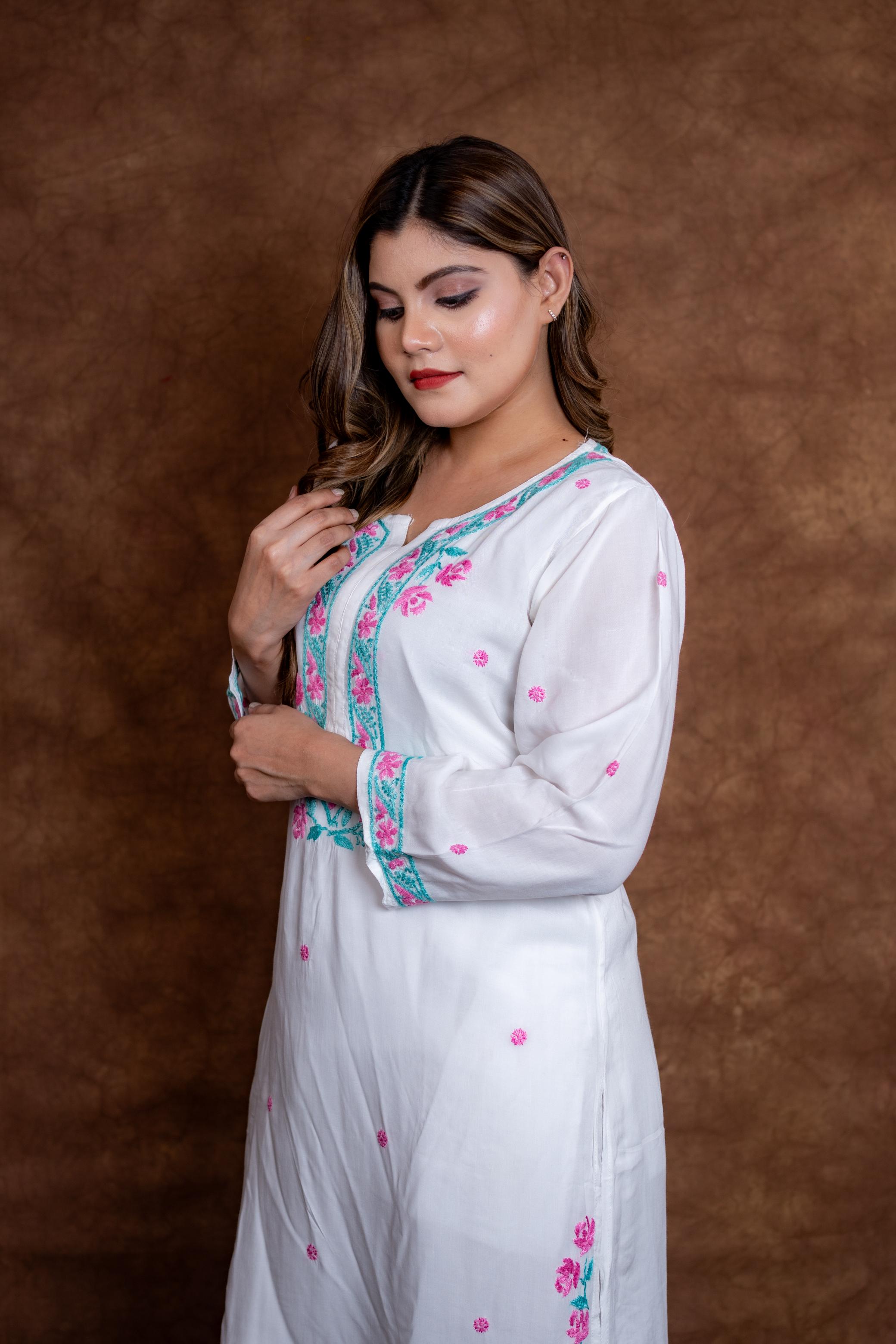 Gulmina Designer Multicolour Fine Chikankari Kurti and Palazzo Set on Rayon Fabric