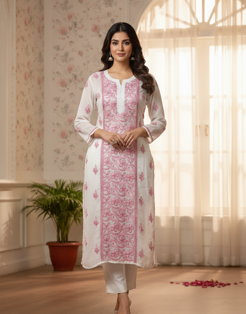 Vintage Premium Georgette Lakhnavi Chikankari Long Kurti | Dual Shade Resham Shadow Work (Bakhiya) | Free Inner