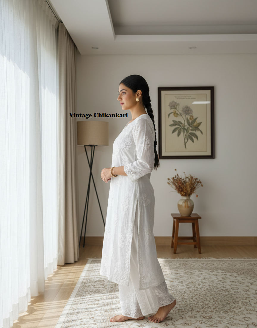 Premium Pure Muslin Chikankari Kurti and Palazzo Set with intricate fine Hand Embroidery