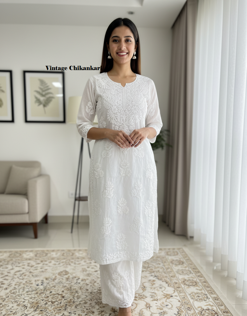 Premium Pure Muslin Chikankari Kurti and Palazzo Set with intricate fine Hand Embroidery