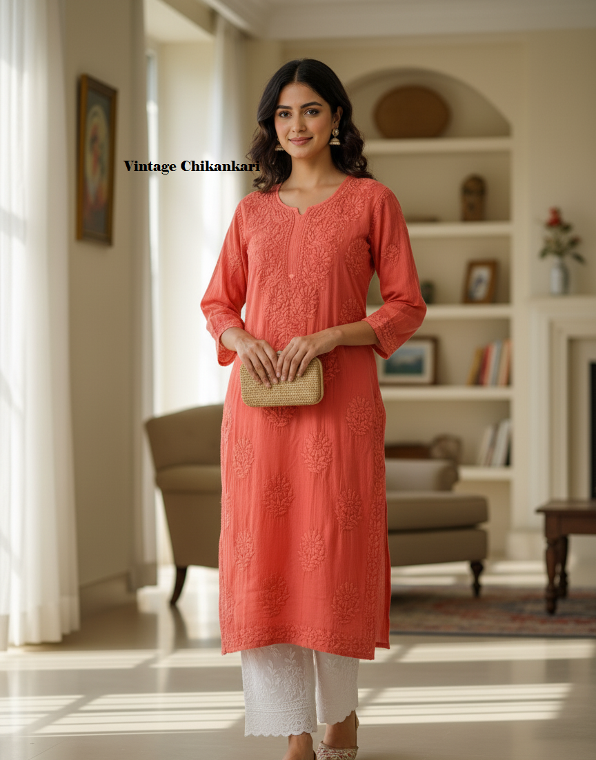 Pure Muslin Chikankari Kurti Handmade Lucknowi Heavy Work with fine threads Tone to tone