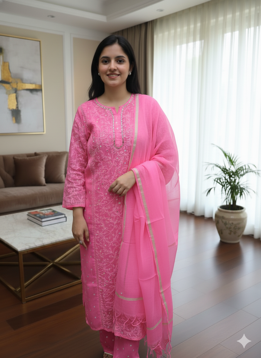 The 'Kota Sheen' Lakhnavi Chikankari Hand-Embroidered Tepchi Work and  Mukaish Work Kurta Set with Dupatta