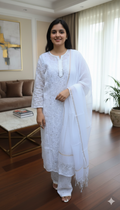 The 'Kota Sheen' Lakhnavi Chikankari Hand-Embroidered Tepchi Work and  Mukaish Work Kurta Set with Dupatta