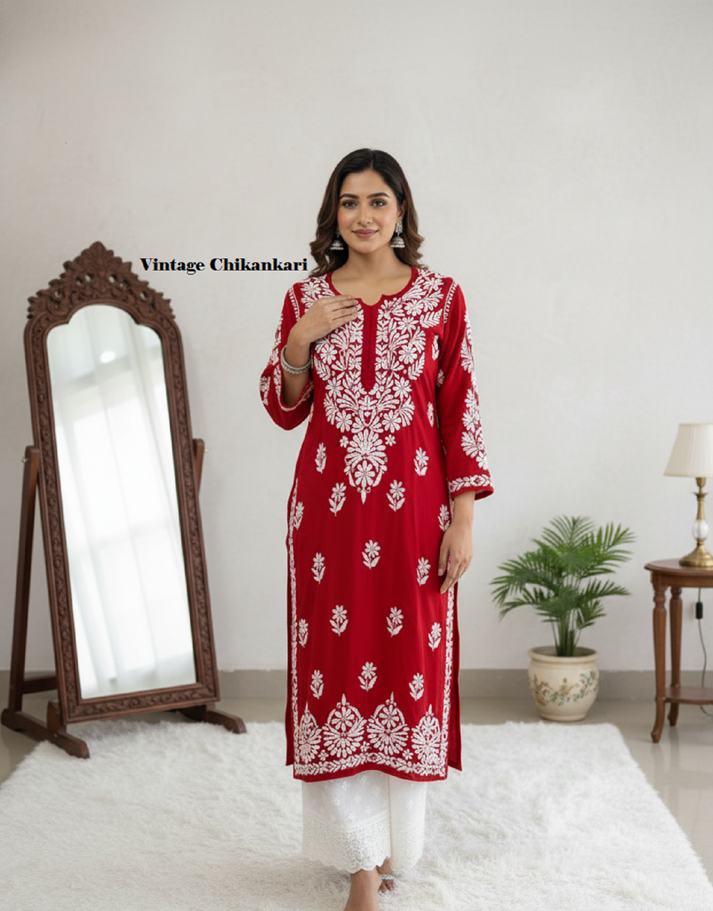 Azrah Vintage Chikankari Long Kurti On Soft Modal Fabric With Fine Hand Work