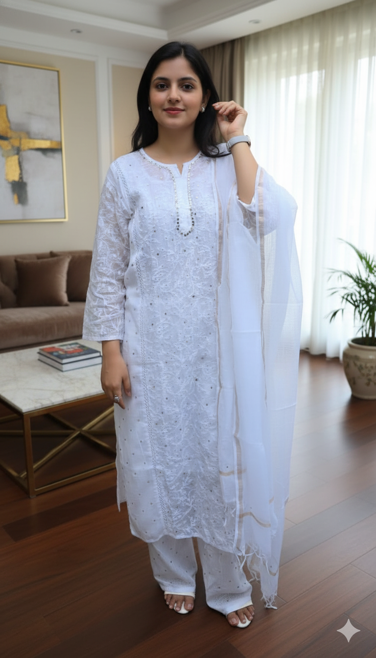 The 'Kota Sheen' Lakhnavi Chikankari Hand-Embroidered Tepchi Work and  Mukaish Work Kurta Set with Dupatta