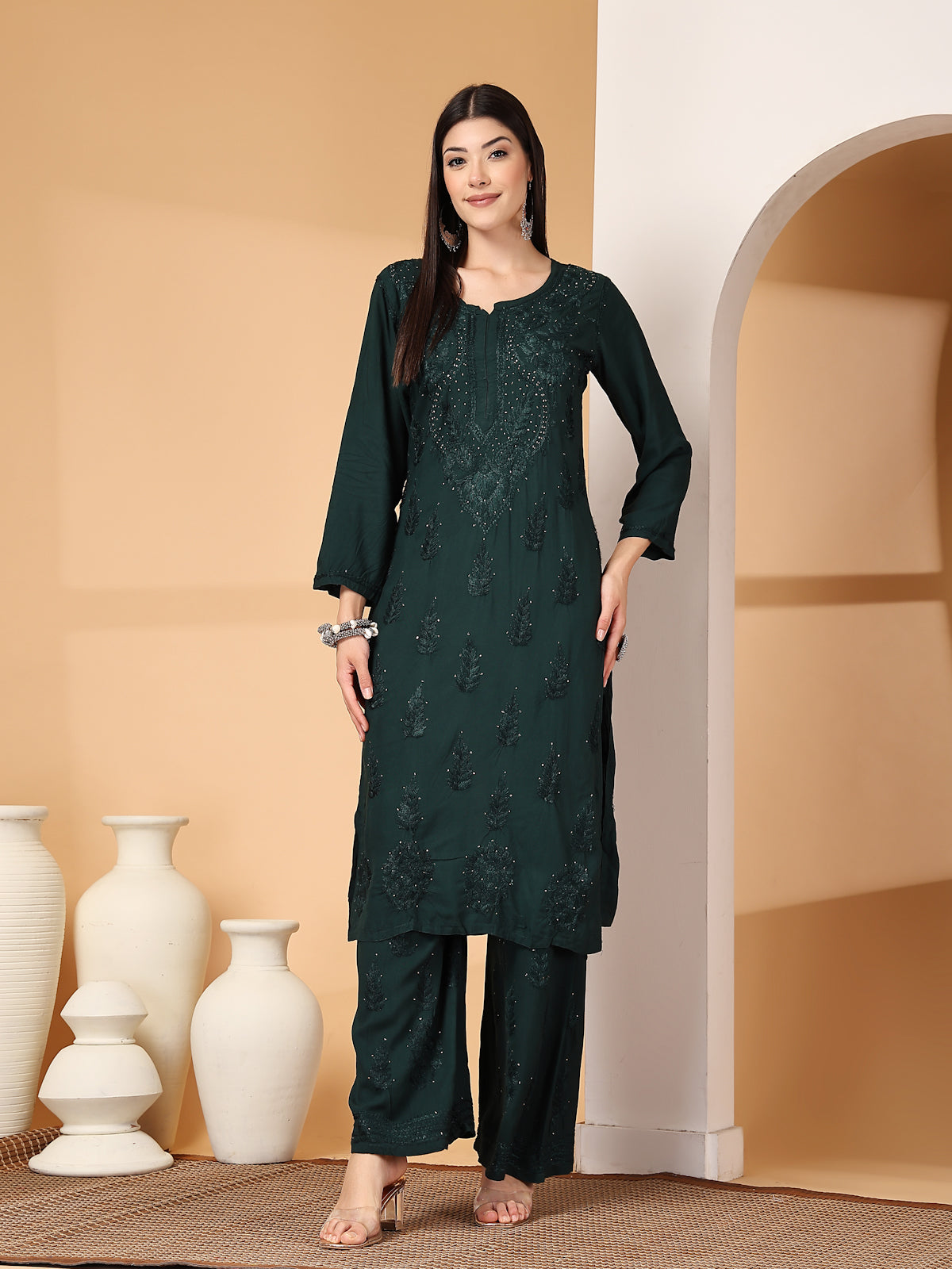 Zara Premium Rayon Chikankari Kurta & Palazzo Set with Authentic Mukaish Work | 100% Handwork