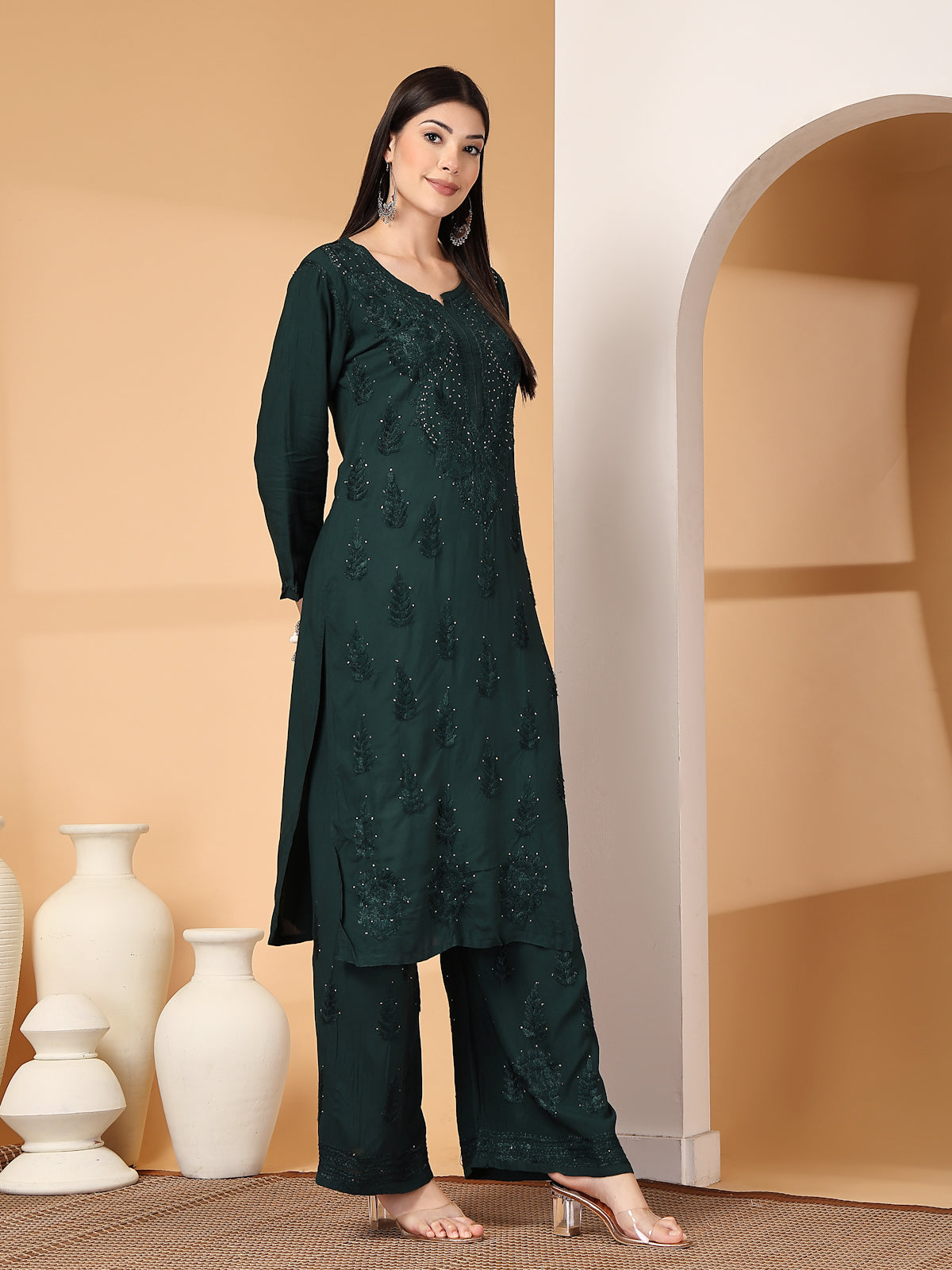 Zara Premium Rayon Chikankari Kurta & Palazzo Set with Authentic Mukaish Work | 100% Handwork