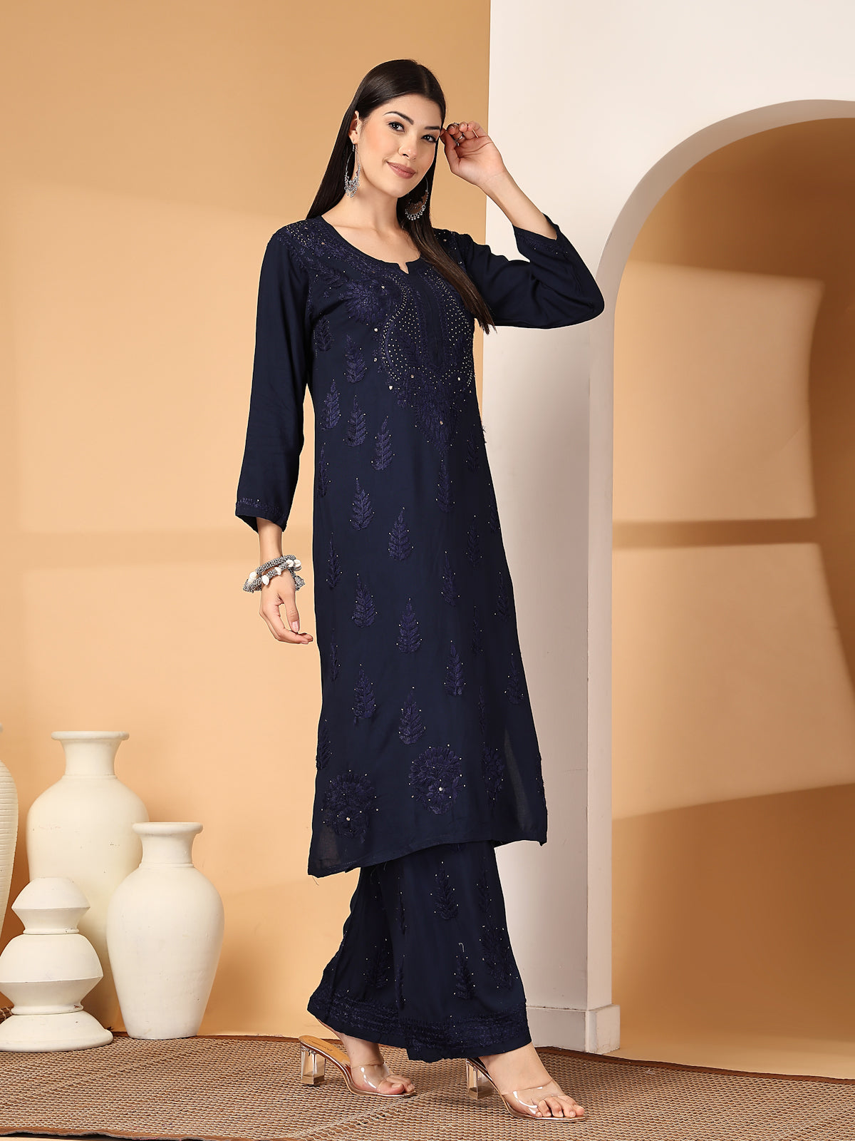 Zara Premium Rayon Chikankari Kurta & Palazzo Set with Authentic Mukaish Work | 100% Handwork
