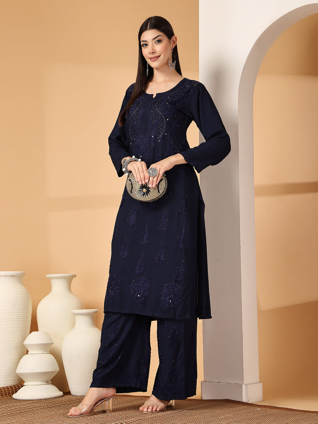 Zara Premium Rayon Chikankari Kurta & Palazzo Set with Authentic Mukaish Work | 100% Handwork
