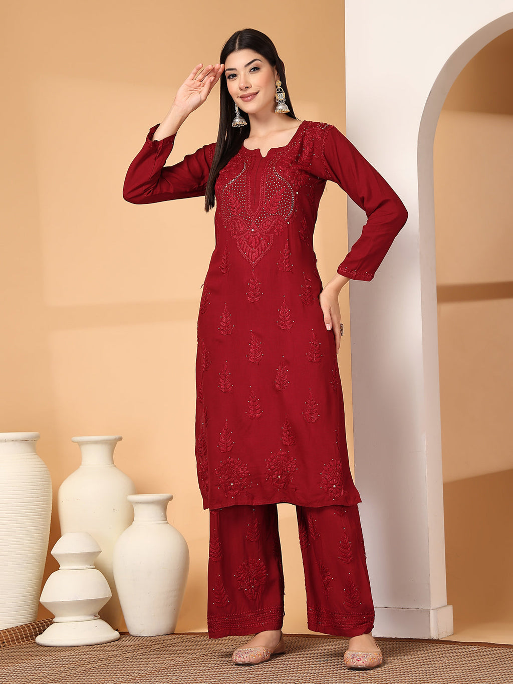 Zara Premium Rayon Chikankari Kurta & Palazzo Set with Authentic Mukaish Work | 100% Handwork