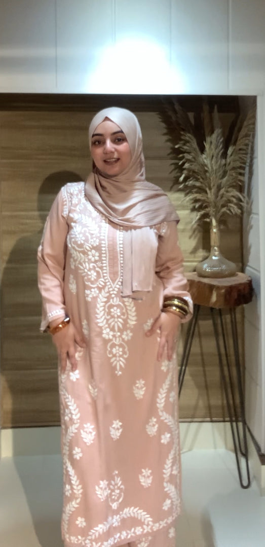 Wara Kurti and Palazzo Chikankari Set – Fine Handcrafted Chikankari on Soft Skin Colour Rayon Fabric