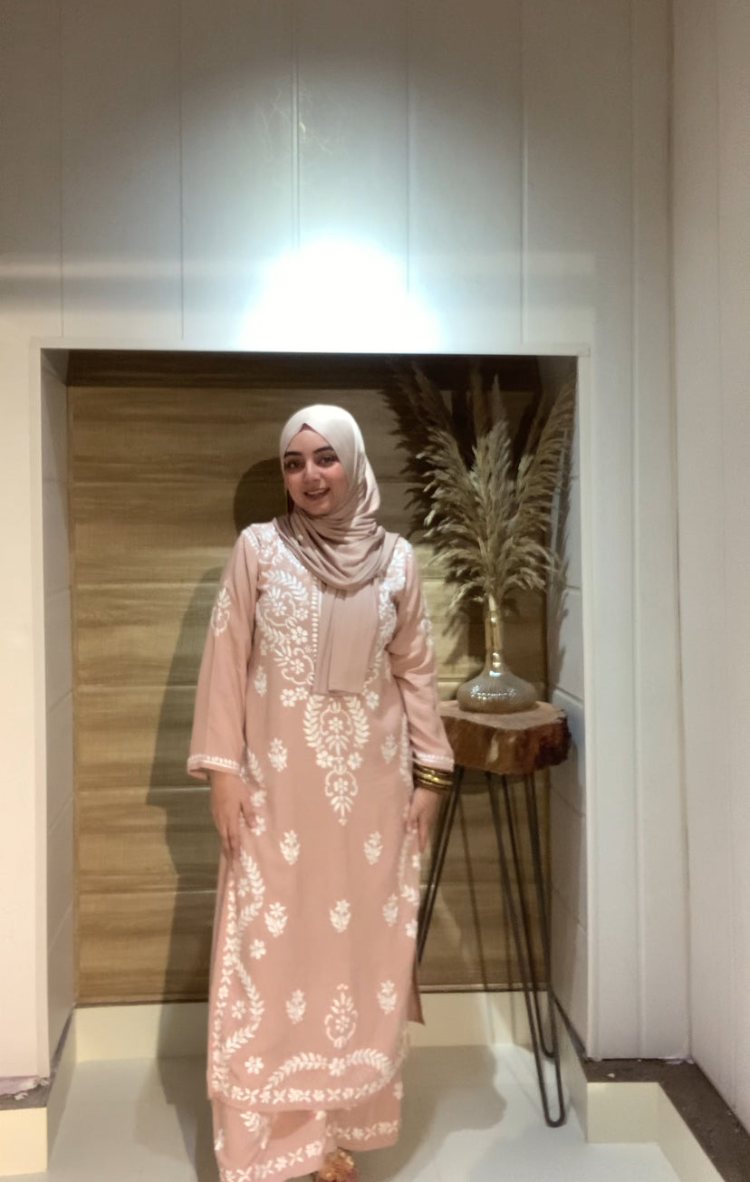 Wara Kurti and Palazzo Chikankari Set – Fine Handcrafted Chikankari on Soft Skin Colour Rayon Fabric