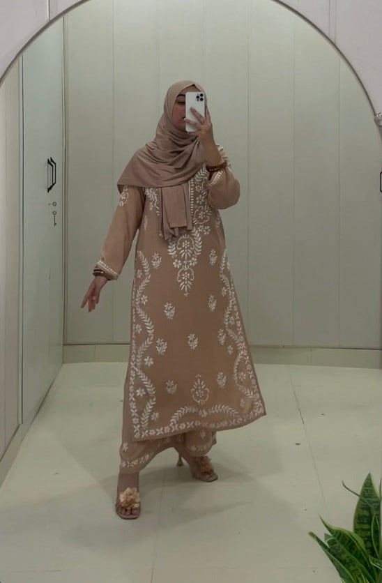 Wara Kurti and Palazzo Chikankari Set – Fine Handcrafted Chikankari on Soft Skin Colour Rayon Fabric