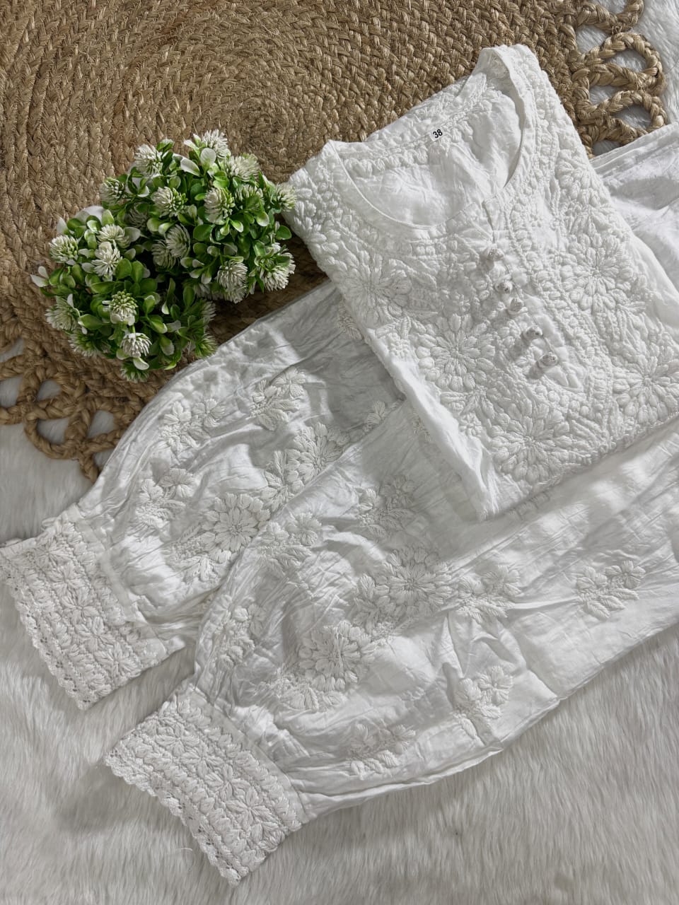 Hand-Embroidered Lucknowi Chikankari Co-ord Suit with Afghani Bottoms with white thread Embroidery