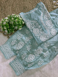 Hand-Embroidered Lucknowi Chikankari Co-ord Suit with Afghani Bottoms with white thread Embroidery
