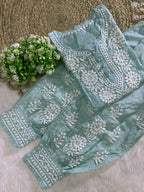 Hand-Embroidered Lucknowi Chikankari Co-ord Suit with Afghani Bottoms with white thread Embroidery