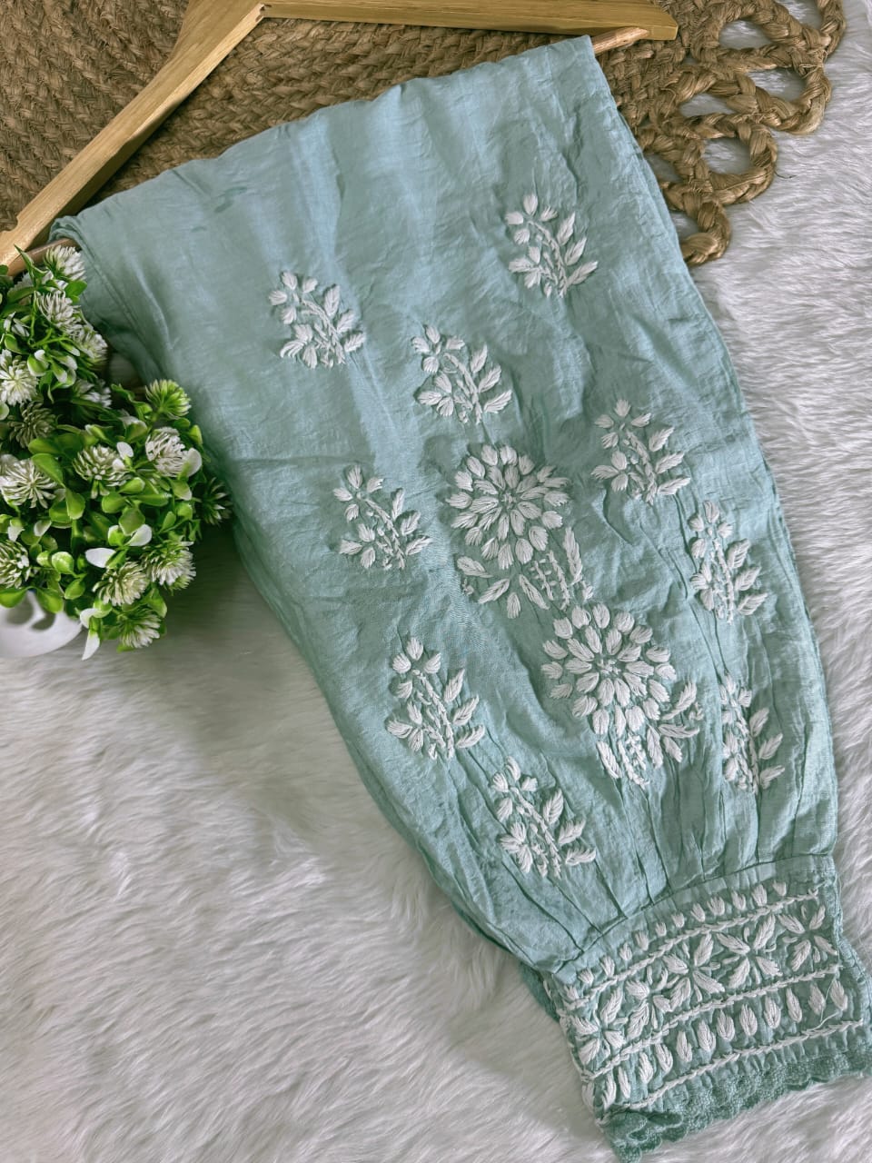 Hand-Embroidered Lucknowi Chikankari Co-ord Suit with Afghani Bottoms with white thread Embroidery