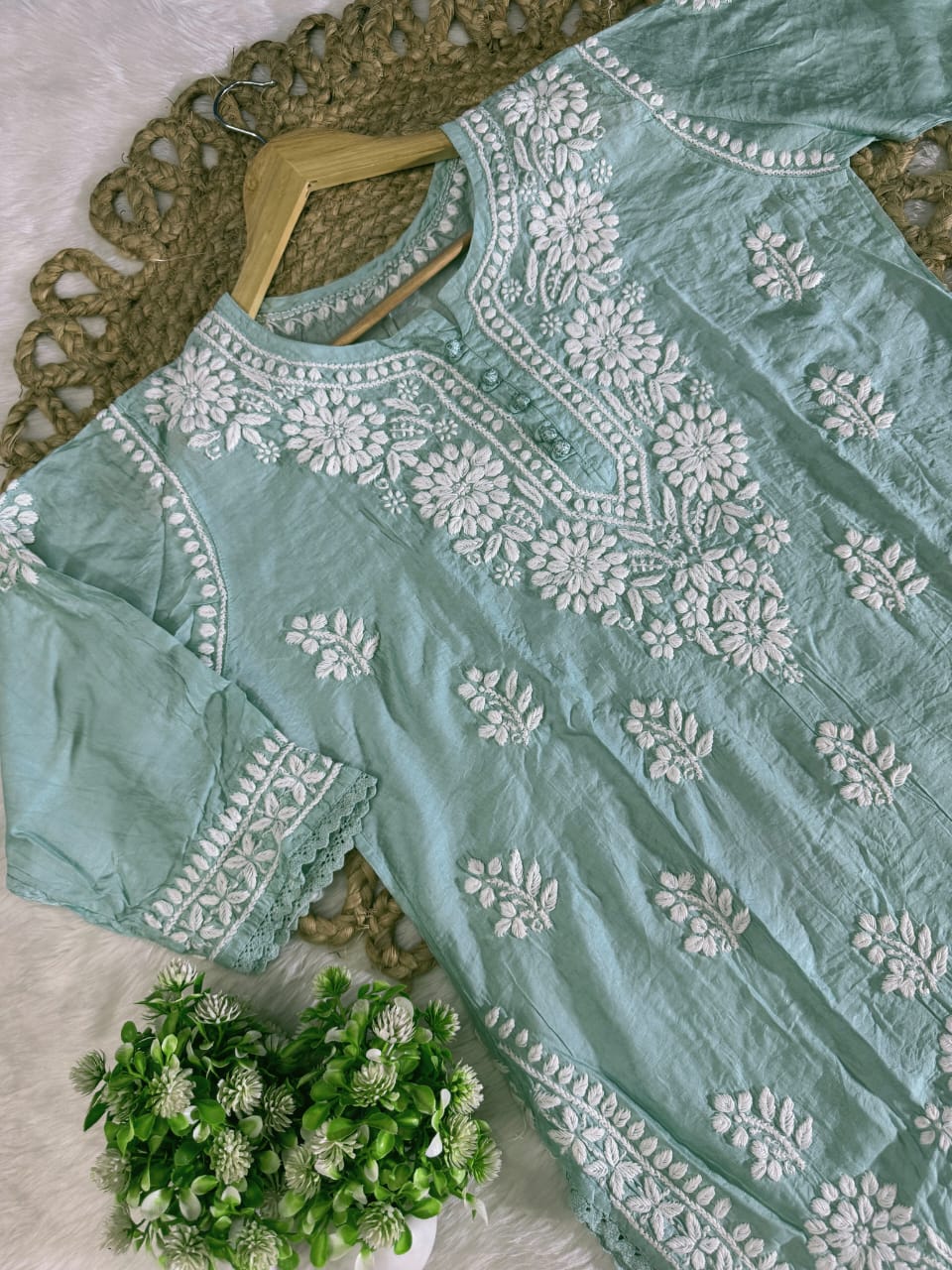 Hand-Embroidered Lucknowi Chikankari Co-ord Suit with Afghani Bottoms with white thread Embroidery