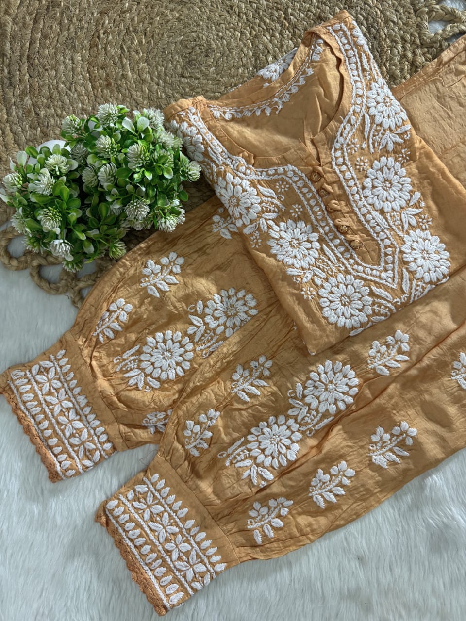 Hand-Embroidered Lucknowi Chikankari Co-ord Suit with Afghani Bottoms with white thread Embroidery