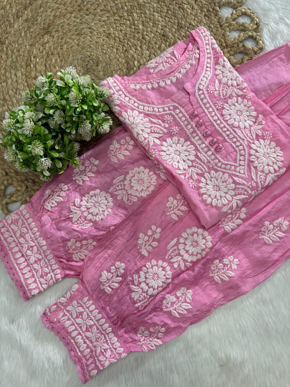 Hand-Embroidered Lucknowi Chikankari Co-ord Suit with Afghani Bottoms with white thread Embroidery