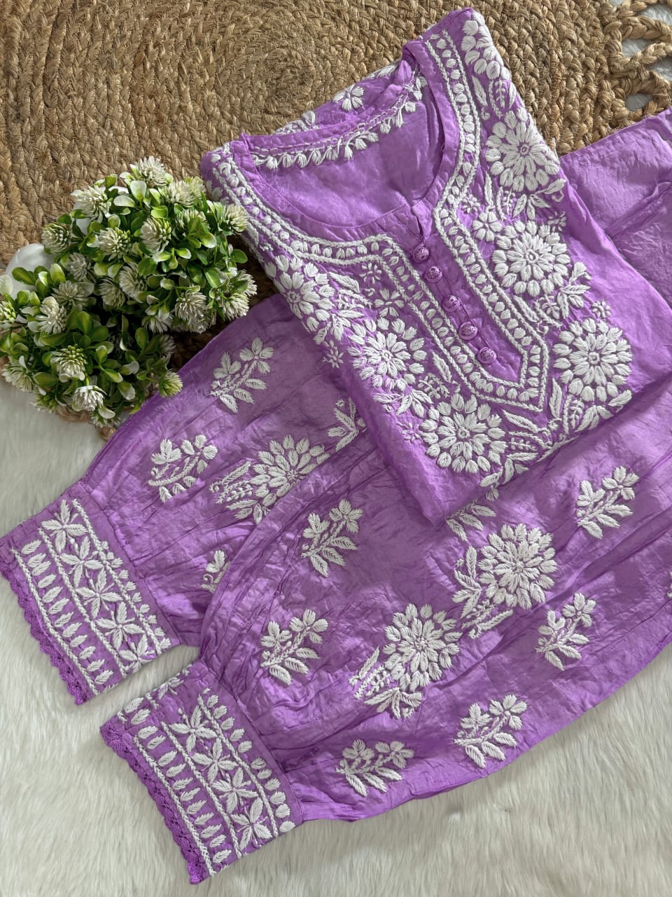 Hand-Embroidered Lucknowi Chikankari Co-ord Suit with Afghani Bottoms with white thread Embroidery