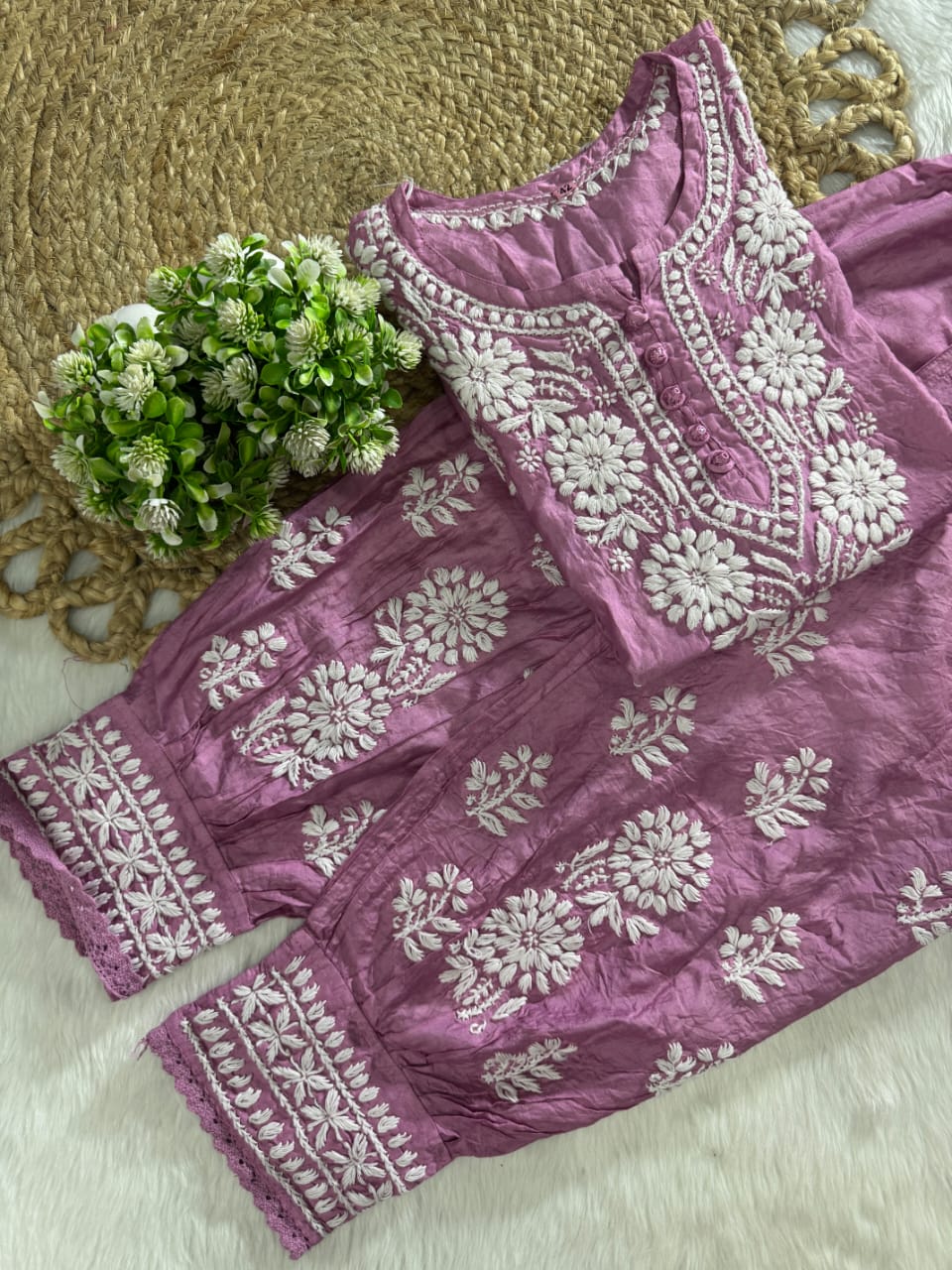 Hand-Embroidered Lucknowi Chikankari Co-ord Suit with Afghani Bottoms with white thread Embroidery