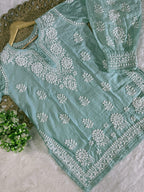 Hand-Embroidered Lucknowi Chikankari Co-ord Suit with Afghani Bottoms with white thread Embroidery