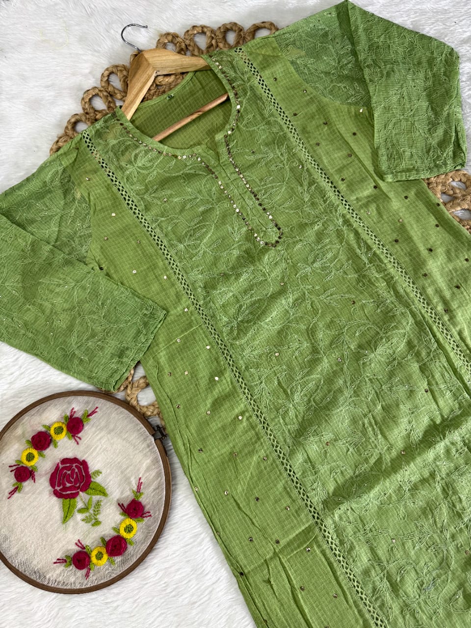 The 'Kota Sheen' Lakhnavi Chikankari Hand-Embroidered Tepchi Work and  Mukaish Work Kurta Set with Dupatta