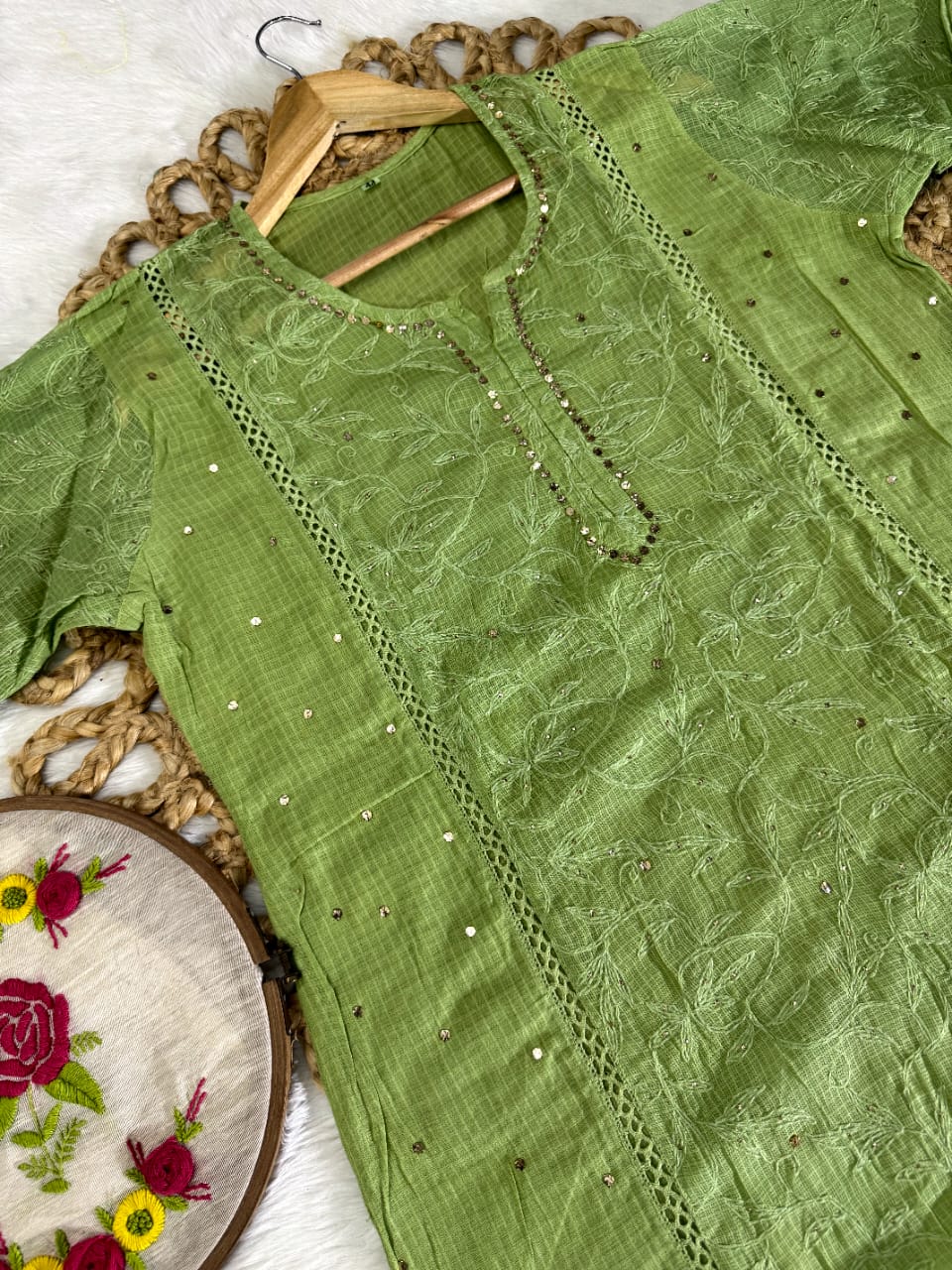 The 'Kota Sheen' Lakhnavi Chikankari Hand-Embroidered Tepchi Work and  Mukaish Work Kurta Set with Dupatta