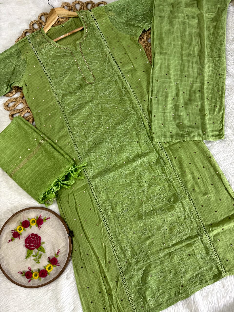 The 'Kota Sheen' Lakhnavi Chikankari Hand-Embroidered Tepchi Work and  Mukaish Work Kurta Set with Dupatta