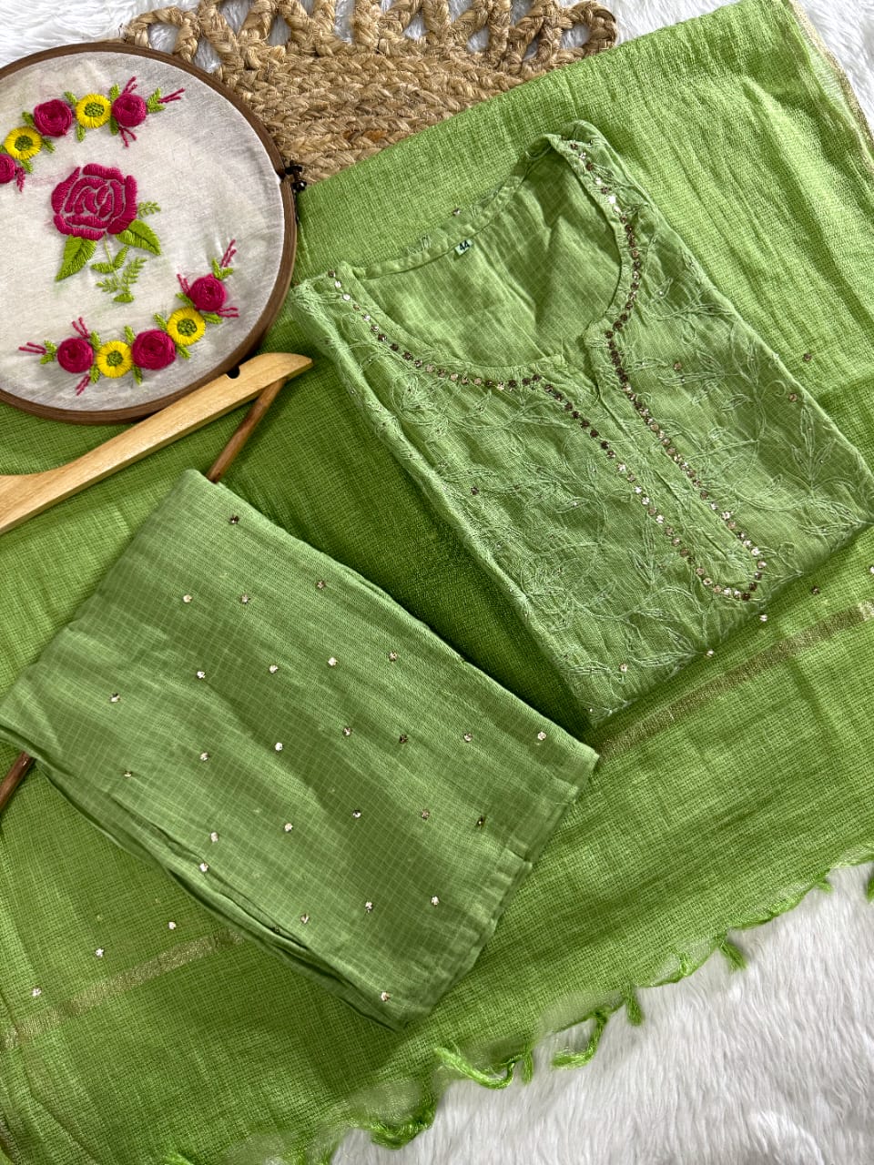 The 'Kota Sheen' Lakhnavi Chikankari Hand-Embroidered Tepchi Work and  Mukaish Work Kurta Set with Dupatta