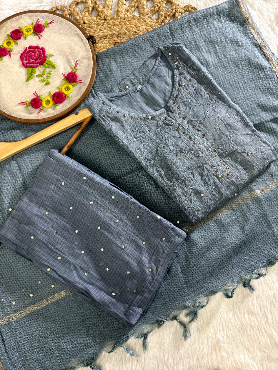 The 'Kota Sheen' Lakhnavi Chikankari Hand-Embroidered Tepchi Work and  Mukaish Work Kurta Set with Dupatta