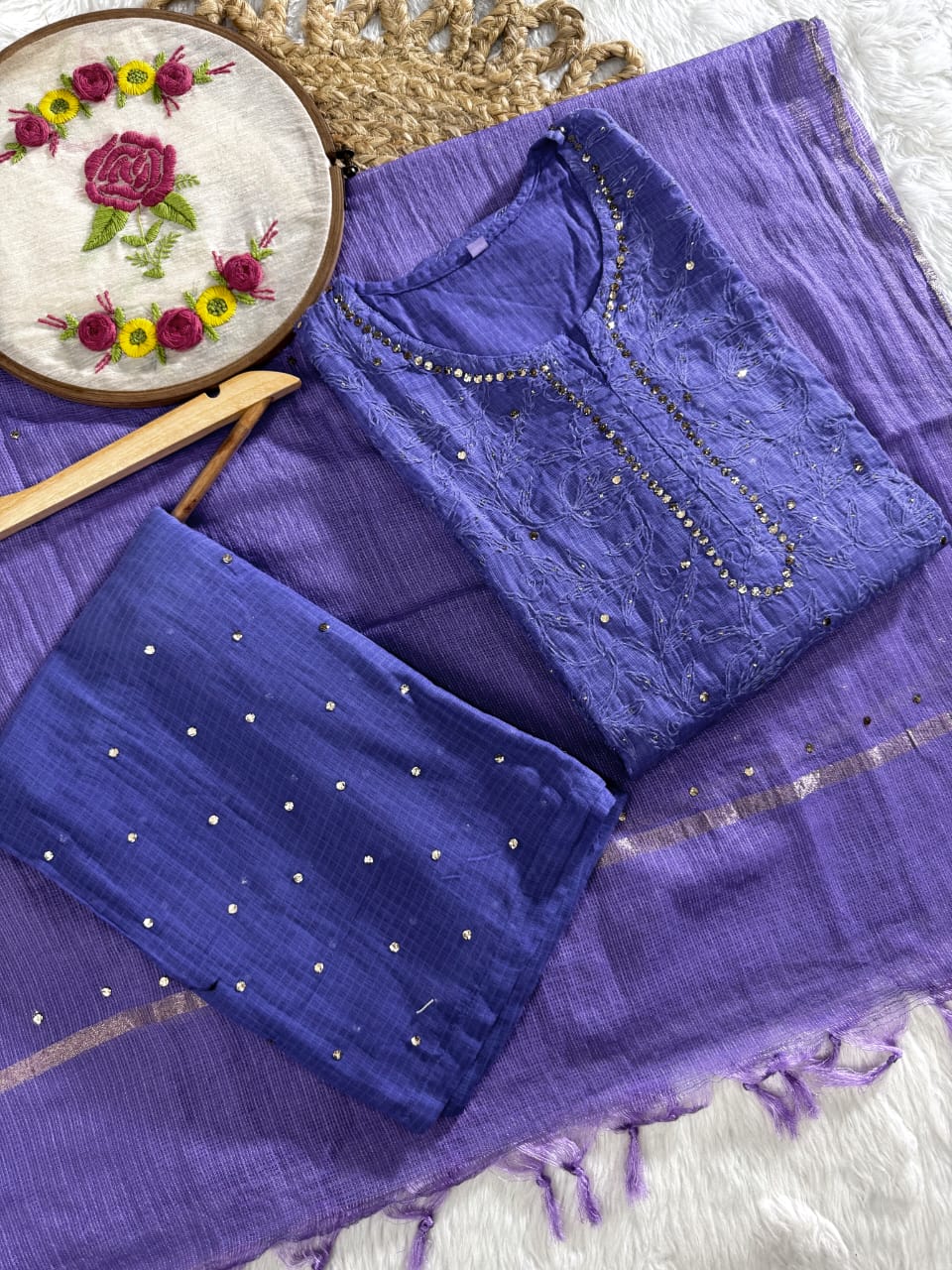 The 'Kota Sheen' Lakhnavi Chikankari Hand-Embroidered Tepchi Work and  Mukaish Work Kurta Set with Dupatta