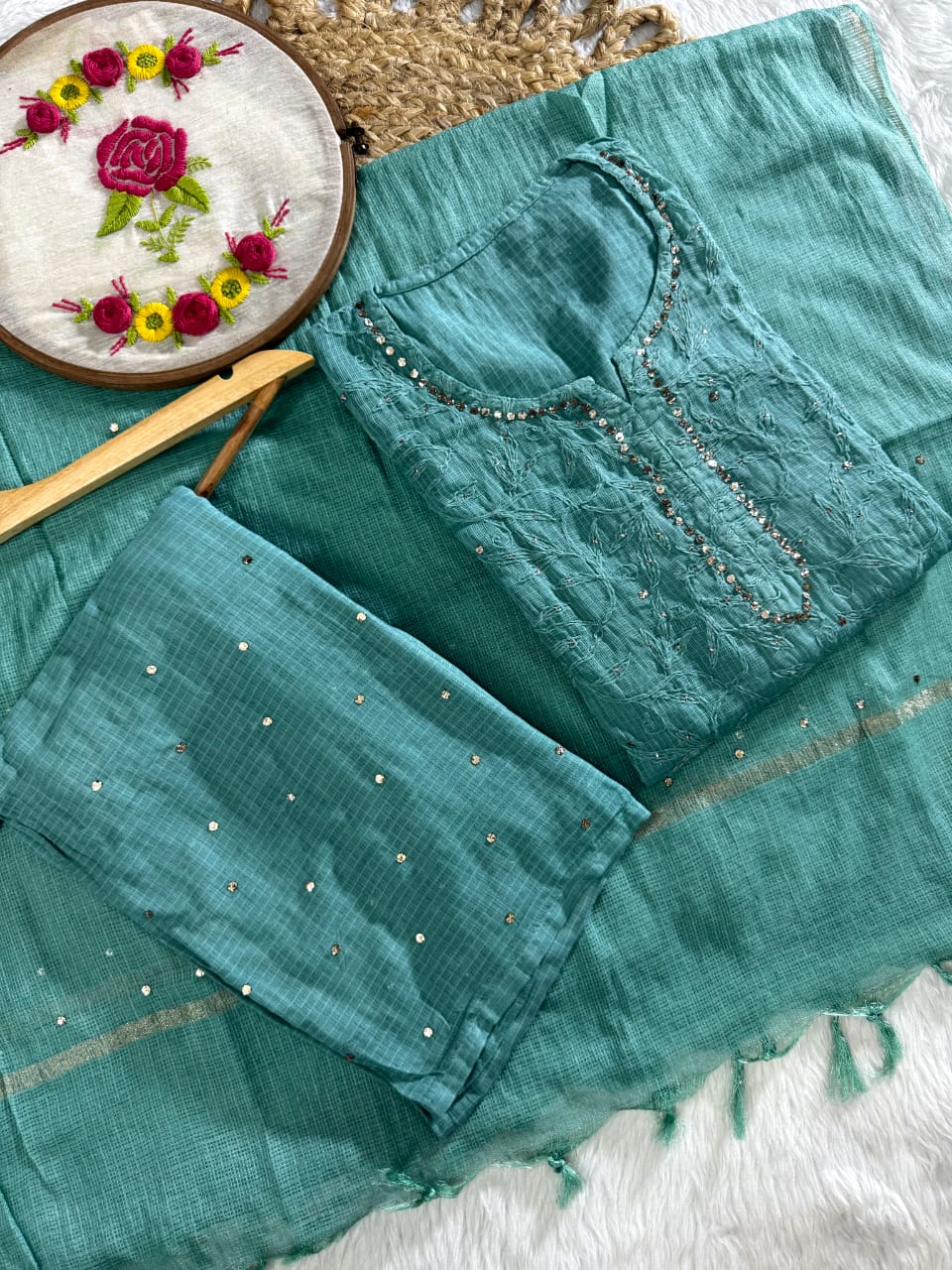 The 'Kota Sheen' Lakhnavi Chikankari Hand-Embroidered Tepchi Work and  Mukaish Work Kurta Set with Dupatta