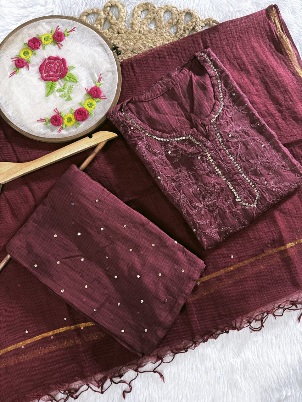The 'Kota Sheen' Lakhnavi Chikankari Hand-Embroidered Tepchi Work and  Mukaish Work Kurta Set with Dupatta