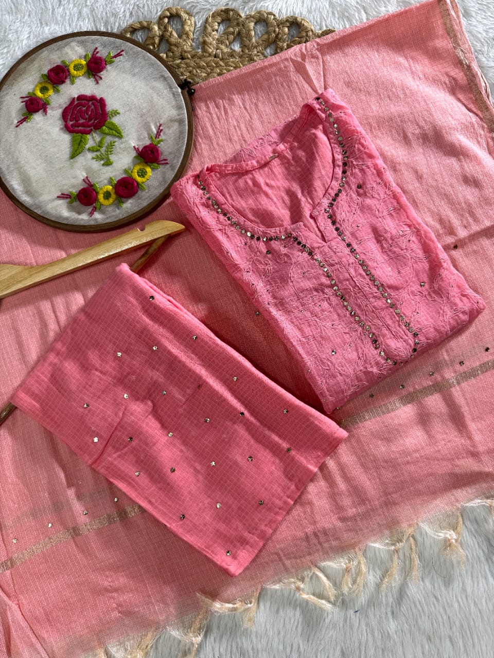 The 'Kota Sheen' Lakhnavi Chikankari Hand-Embroidered Tepchi Work and  Mukaish Work Kurta Set with Dupatta