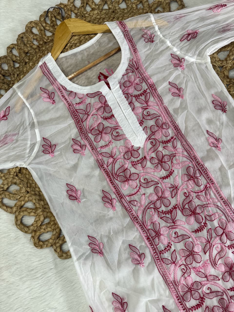 Vintage Premium Georgette Lakhnavi Chikankari Long Kurti | Dual Shade Resham Shadow Work (Bakhiya) | Free Inner