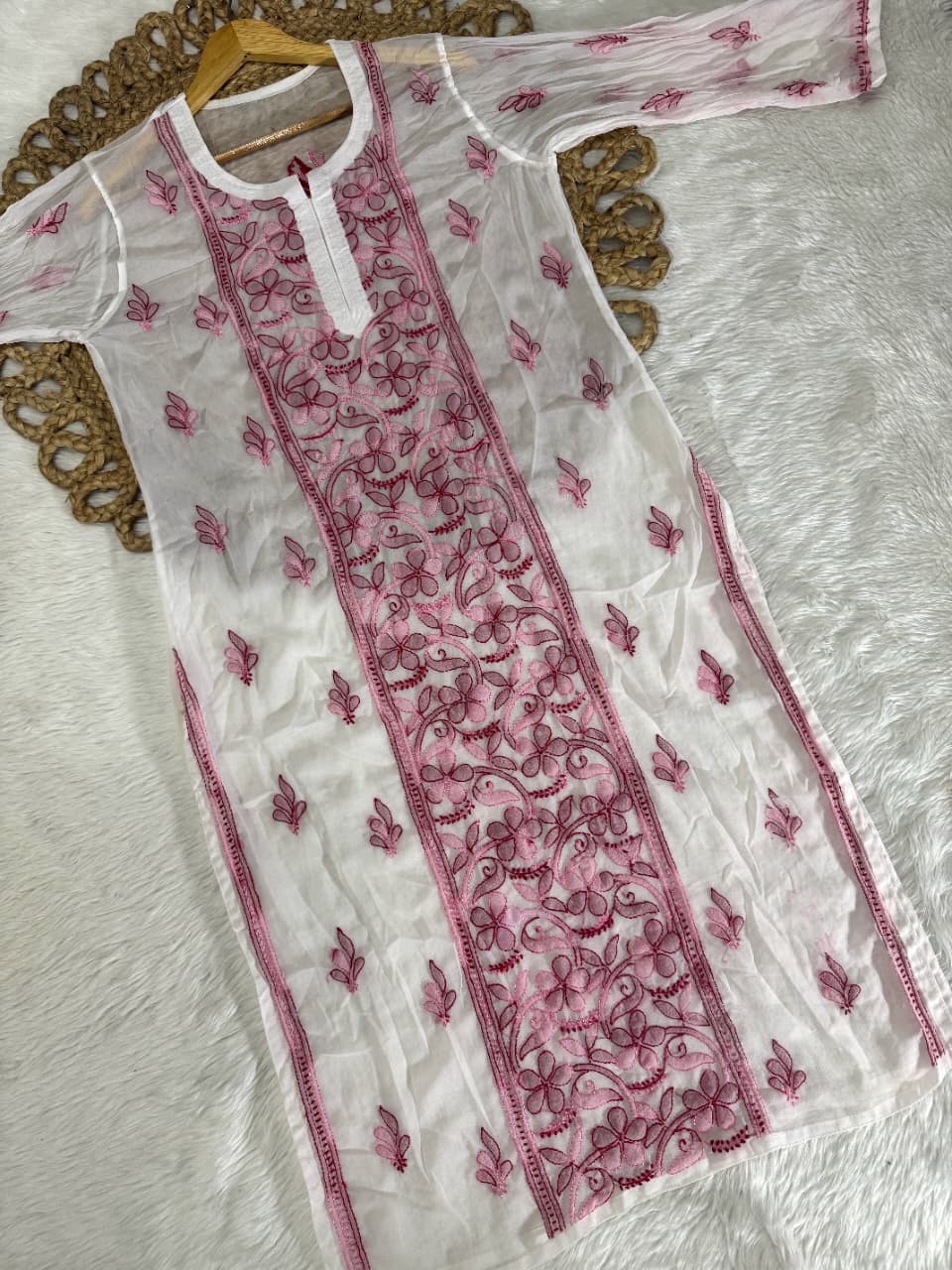 Vintage Premium Georgette Lakhnavi Chikankari Long Kurti | Dual Shade Resham Shadow Work (Bakhiya) | Free Inner